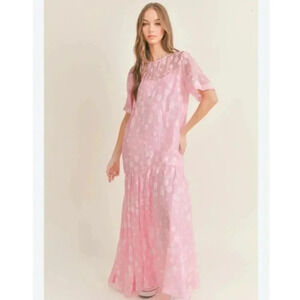 New Amable by Mable Wrenlee Floral Chiffon Maxi Dress Drop Waist Soft Pink Fairy